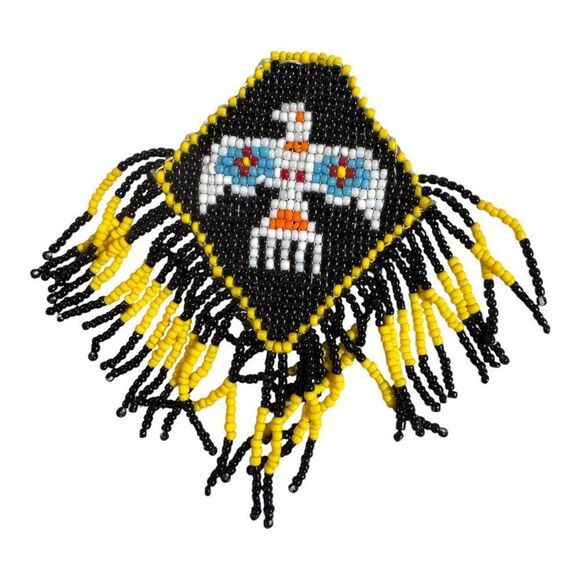 Handcrafted Native American Beaded Medallion Large Thunderbird Design & Fringe - Picture 1 of 5